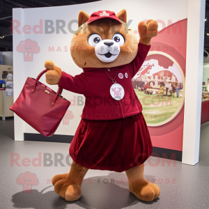 Maroon Cat mascot costume character dressed with a Circle Skirt and Tote bags