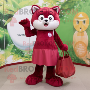 Maroon Cat mascot costume character dressed with a Circle Skirt and Tote bags