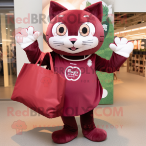 Maroon Cat mascot costume character dressed with a Circle Skirt and Tote bags