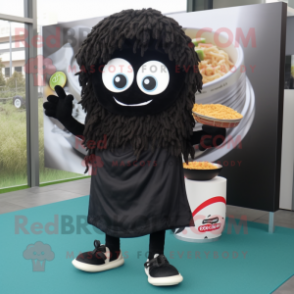 Black Ramen mascot costume character dressed with a Hoodie and Shoe clips