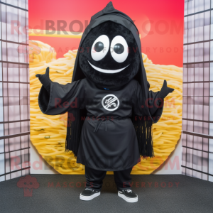 Black Ramen mascot costume character dressed with a Hoodie and Shoe clips