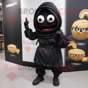 Black Ramen mascot costume character dressed with a Hoodie and Shoe clips