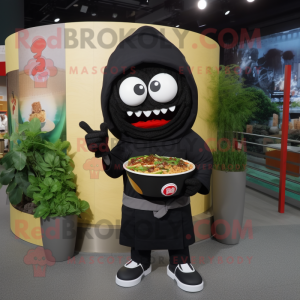 Black Ramen mascot costume character dressed with a Hoodie and Shoe clips