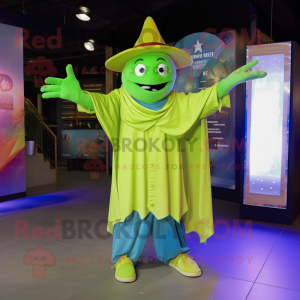 Lime Green Magician mascot costume character dressed with a Denim Shirt and Shawl pins