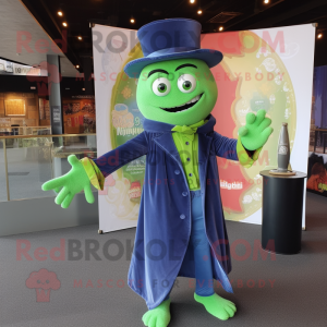 Lime Green Magician mascot costume character dressed with a Denim Shirt and Shawl pins