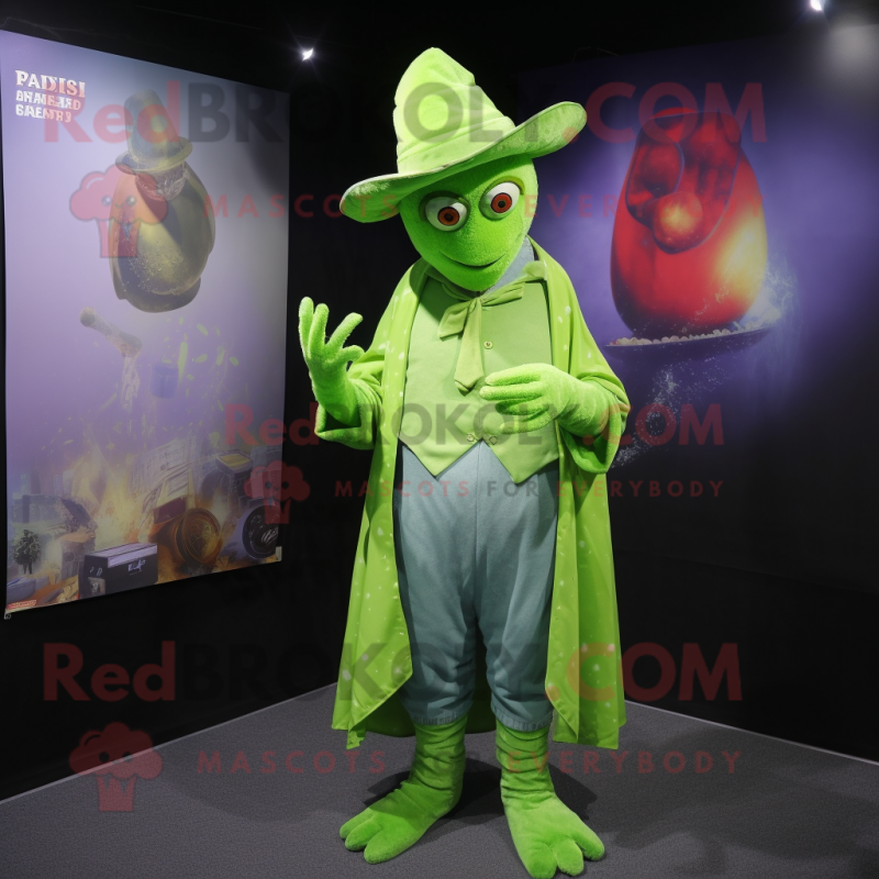 Lime Green Magician mascot costume character dressed with a Denim Shirt and Shawl pins