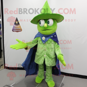 Lime Green Magician mascot costume character dressed with a Denim Shirt and Shawl pins