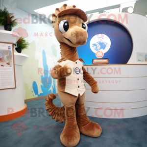 Brown Sea Horse mascot costume character dressed with a Henley Shirt and Brooches