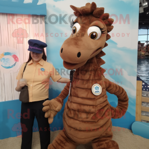 Brown Sea Horse mascot costume character dressed with a Henley Shirt and Brooches