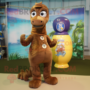Brown Sea Horse mascot costume character dressed with a Henley Shirt and Brooches