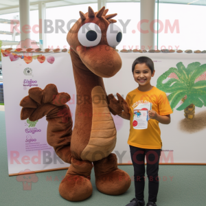 Brown Sea Horse mascot costume character dressed with a Henley Shirt and Brooches