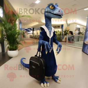 Navy Coelophysis mascot costume character dressed with a Evening Gown and Messenger bags