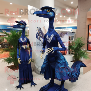 Navy Coelophysis mascot costume character dressed with a Evening Gown and Messenger bags