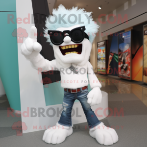 White Frankenstein'S Monster mascot costume character dressed with a Skinny Jeans and Sunglasses