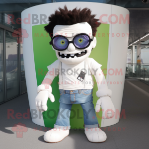 White Frankenstein'S Monster mascot costume character dressed with a Skinny Jeans and Sunglasses