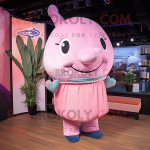 Pink Humpback Whale mascot costume character dressed with a Dungarees and Hairpins