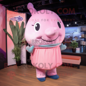 Pink Humpback Whale mascot costume character dressed with a Dungarees and Hairpins