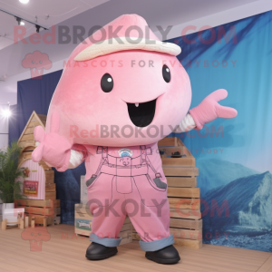 Pink Humpback Whale mascot costume character dressed with a Dungarees and Hairpins
