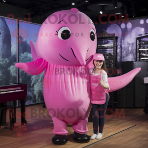 Pink Humpback Whale mascot costume character dressed with a Dungarees and Hairpins