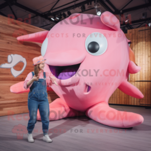 Pink Humpback Whale mascot costume character dressed with a Dungarees and Hairpins