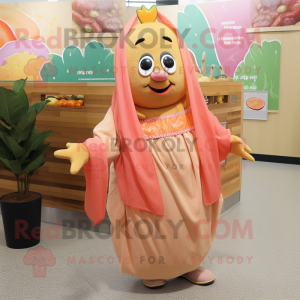 Peach Falafel mascot costume character dressed with a Maxi Dress and Scarves