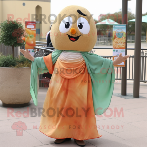 Peach Falafel mascot costume character dressed with a Maxi Dress and Scarves
