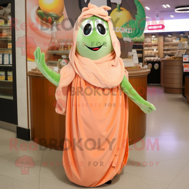 Peach Falafel mascot costume character dressed with a Maxi Dress and Scarves