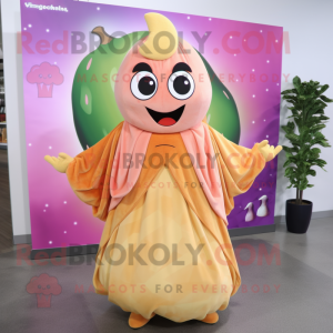 Peach Falafel mascot costume character dressed with a Maxi Dress and Scarves