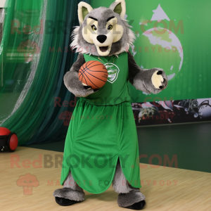 Forest Green Say Wolf mascot costume character dressed with a Ball Gown and Headbands
