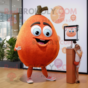 Rust Grapefruit mascot costume character dressed with a Mini Dress and Smartwatches