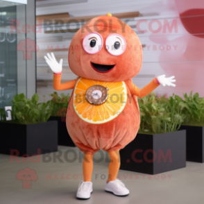 Rust Grapefruit mascot costume character dressed with a Mini Dress and Smartwatches