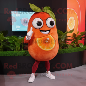 Rust Grapefruit mascot costume character dressed with a Mini Dress and Smartwatches