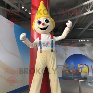 Cream Trapeze Artist mascot costume character dressed with a Flare Jeans and Headbands