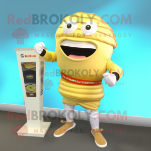 Beige Hamburger mascot costume character dressed with a Rash Guard and Bracelet watches