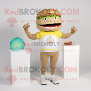 Beige Hamburger mascot costume character dressed with a Rash Guard and Bracelet watches
