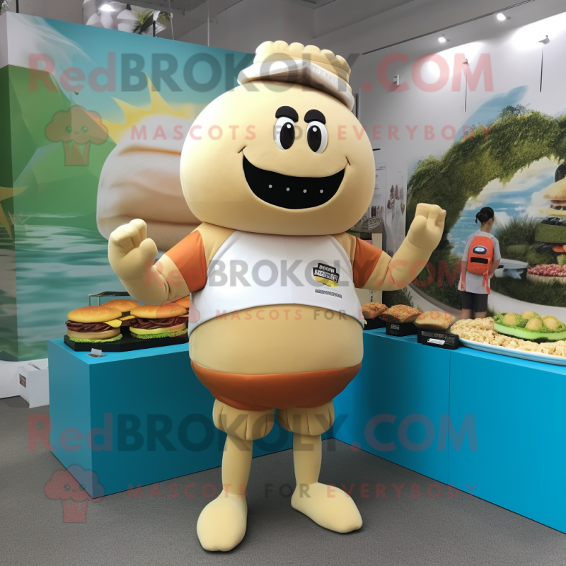 Beige Hamburger mascot costume character dressed with a Rash Guard and Bracelet watches Beige Hamburger mascot costume character dressed with a Rash Guard and Bracelet watches
