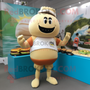 Beige Hamburger mascot costume character dressed with a Rash Guard and Bracelet watches