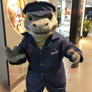 Navy Komodo Dragon mascot costume character dressed with a Jumpsuit and Scarf clips