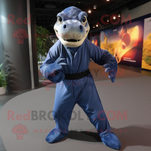 Navy Komodo Dragon mascot costume character dressed with a Jumpsuit and Scarf clips