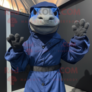 Navy Komodo Dragon mascot costume character dressed with a Jumpsuit and Scarf clips