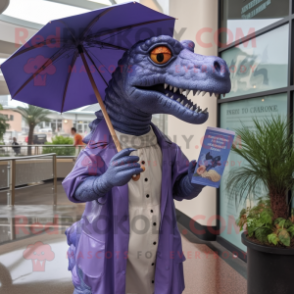 Lavender Allosaurus mascot costume character dressed with a Raincoat and Reading glasses