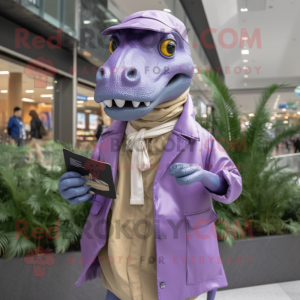 Lavender Allosaurus mascot costume character dressed with a Raincoat and Reading glasses