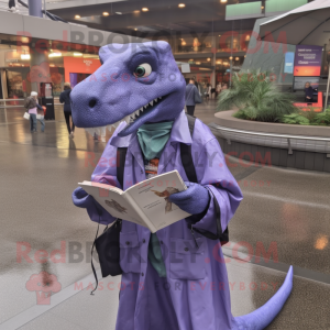 Lavender Allosaurus mascot costume character dressed with a Raincoat and Reading glasses