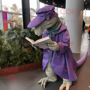 Lavender Allosaurus mascot costume character dressed with a Raincoat and Reading glasses