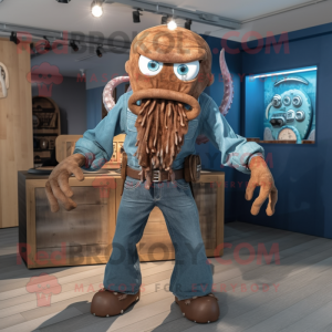 Brown Kraken mascot costume character dressed with a Denim Shirt and Rings