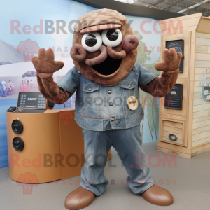 Brown Kraken mascot costume character dressed with a Denim Shirt and Rings