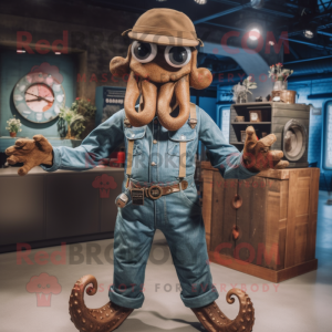 Brown Kraken mascot costume character dressed with a Denim Shirt and Rings
