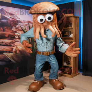 Brown Kraken mascot costume character dressed with a Denim Shirt and Rings