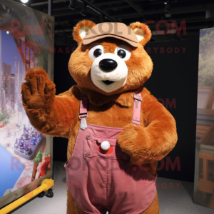 Rust Bear mascot costume character dressed with a Overalls and Shawls