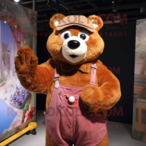 Rust Bear mascot costume character dressed with a Overalls and Shawls